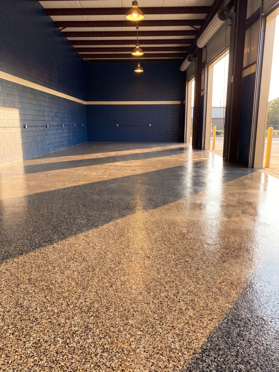 Commercial shop bay with a finished flake floor running to open roll-up doors