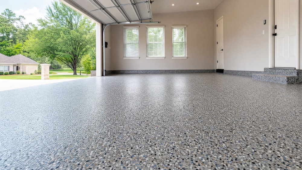 Open garage door revealing a freshly coated flake floor