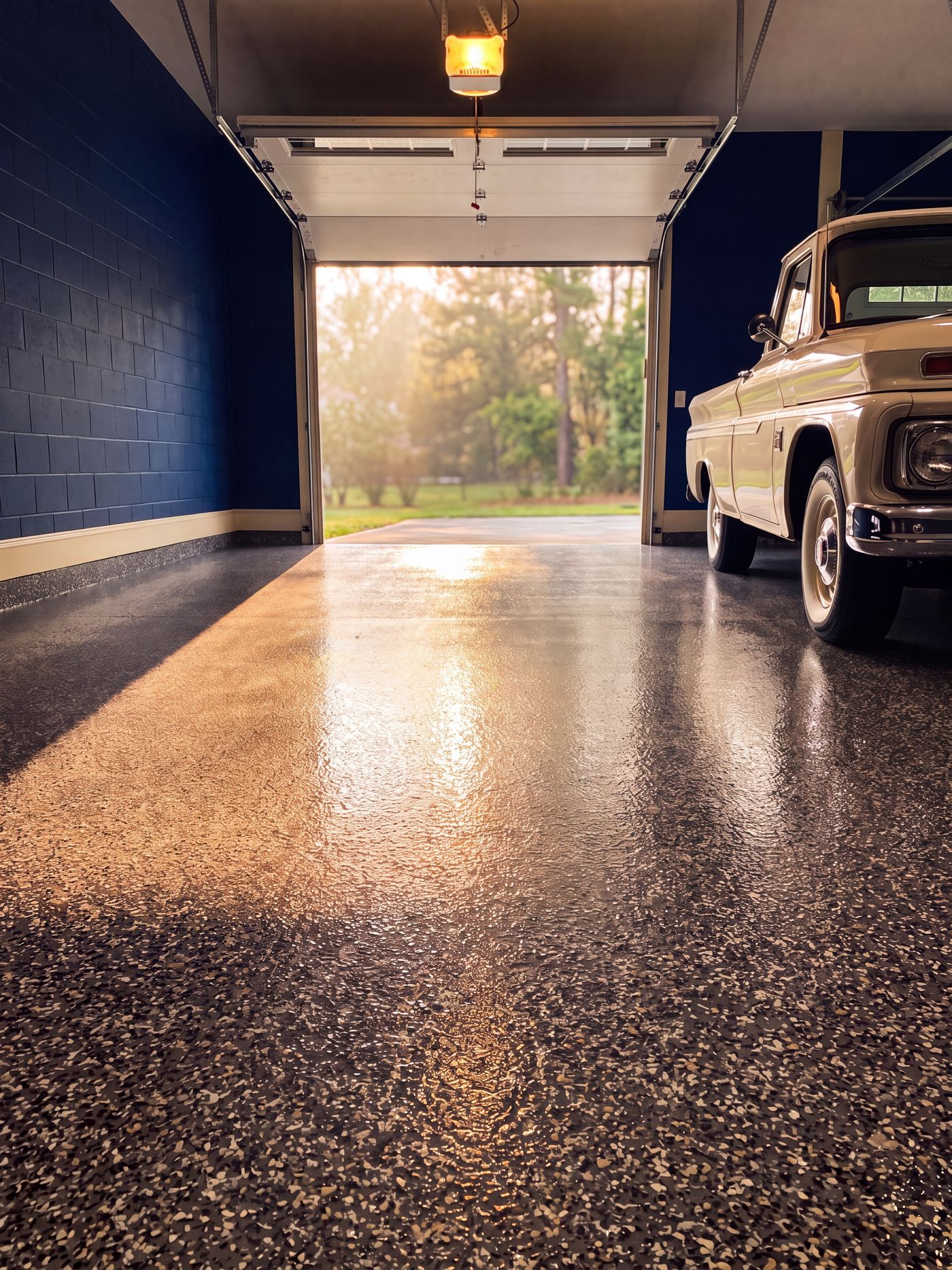 Finished garage floor in a charcoal and tan flake blend under a gloss top coat, garage door open to the yard