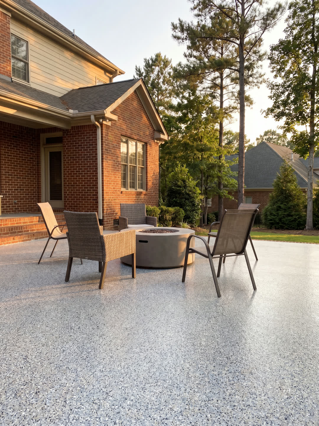 Backyard patio with a flake-coated concrete floor, fire pit and chairs at golden hour