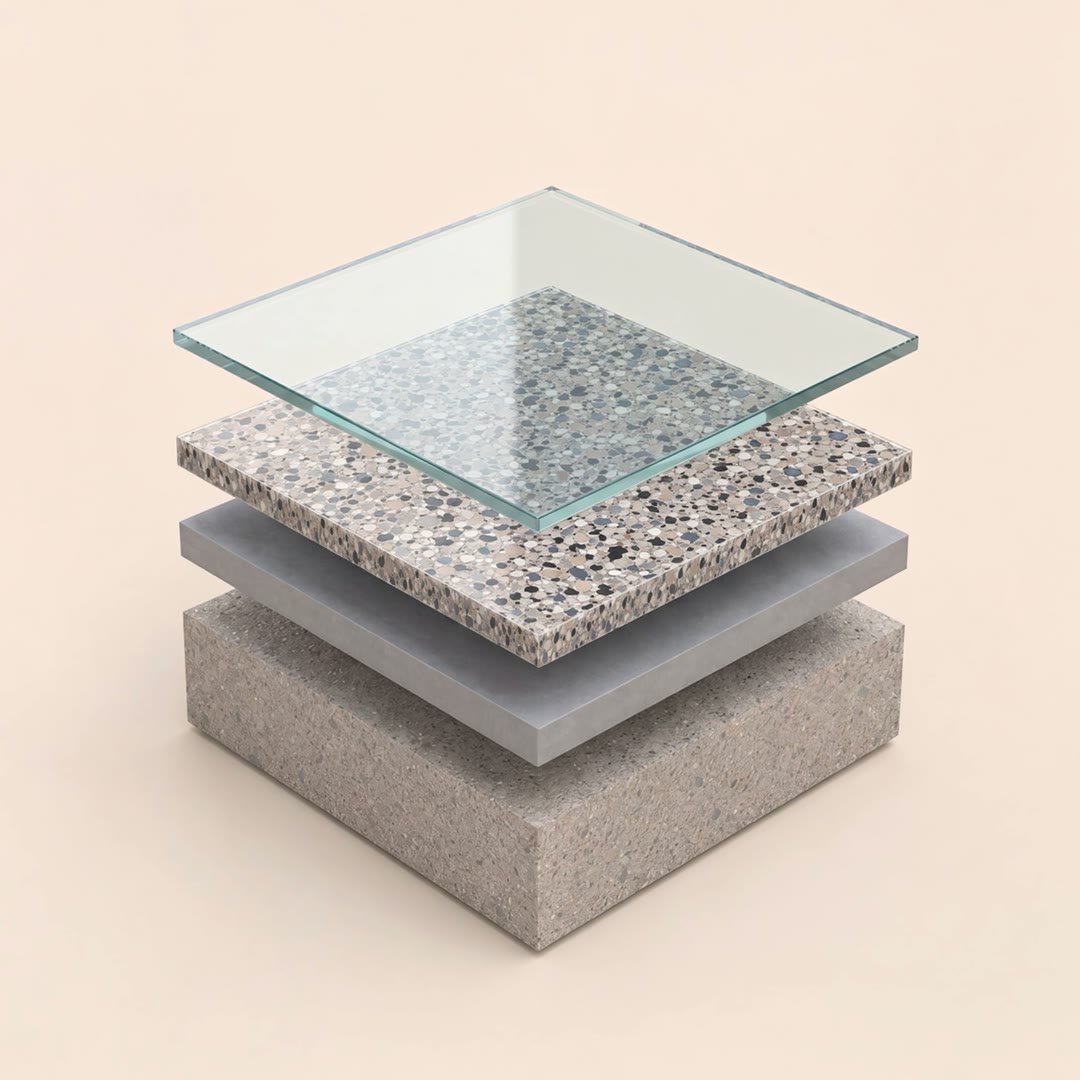 Exploded view of the four coating layers: the clear polyaspartic top coat, the decorative flake, the epoxy base coat, and the concrete slab beneath.